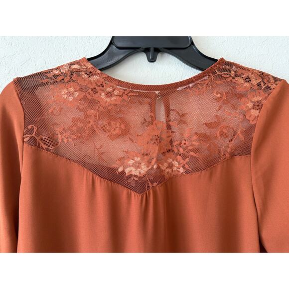 A'gaci Burnt Orange Blouse Top Sheer Lace Yoke Long Sleeves Women’s Medium Y2K - Picture 3 of 8